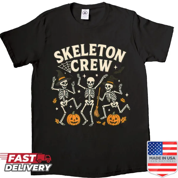 Cartoon shirt featuring dancing skeletons for Halloween festivities