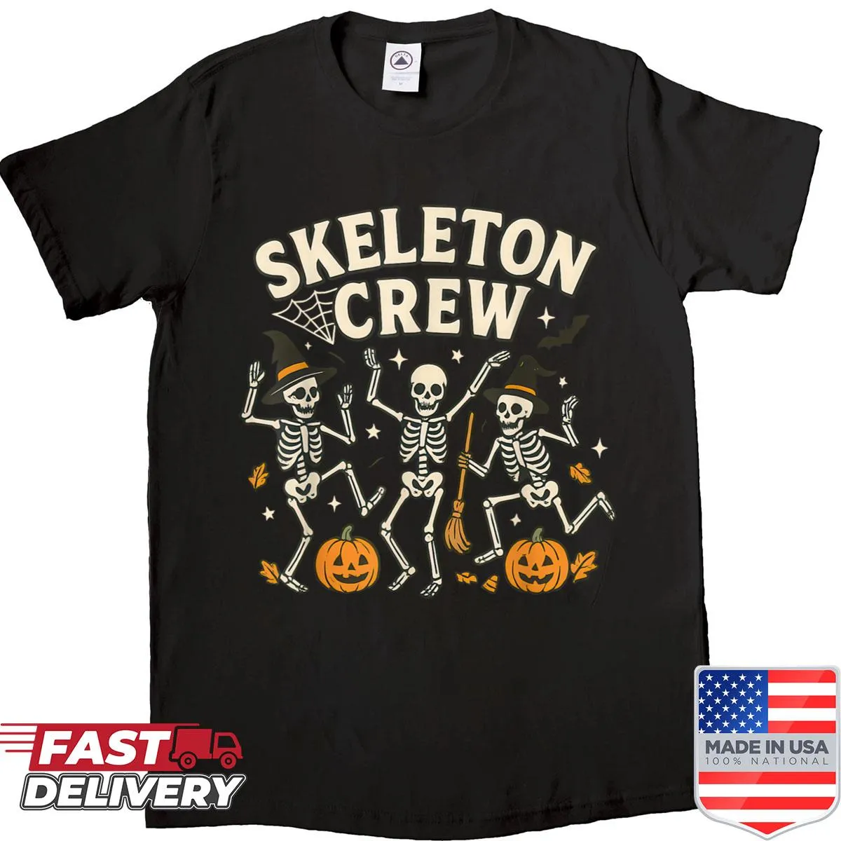 Cartoon shirt featuring dancing skeletons for Halloween festivities