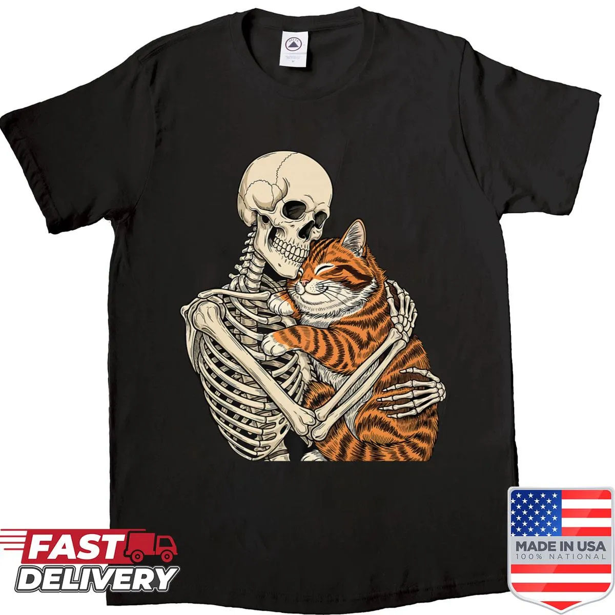 Illustration of a skeleton hugging a cat for Halloween on a shirt