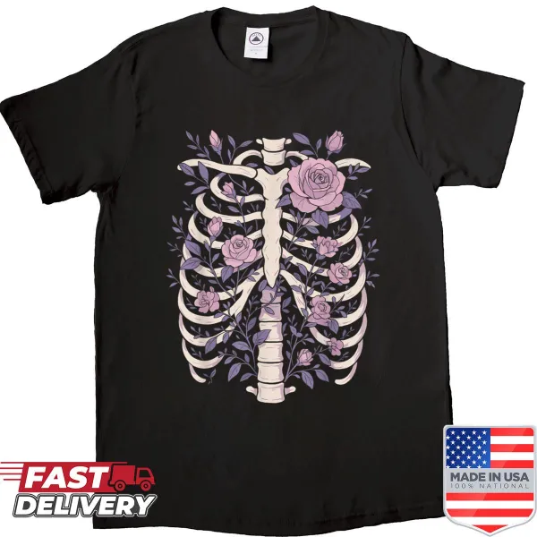 Skeleton ribcage and flowers design for pastel goth style