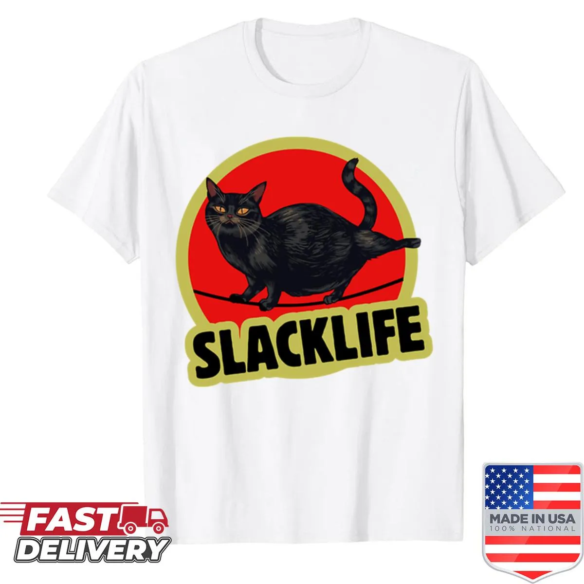 Playful black cat illustration on slackline for slackliners