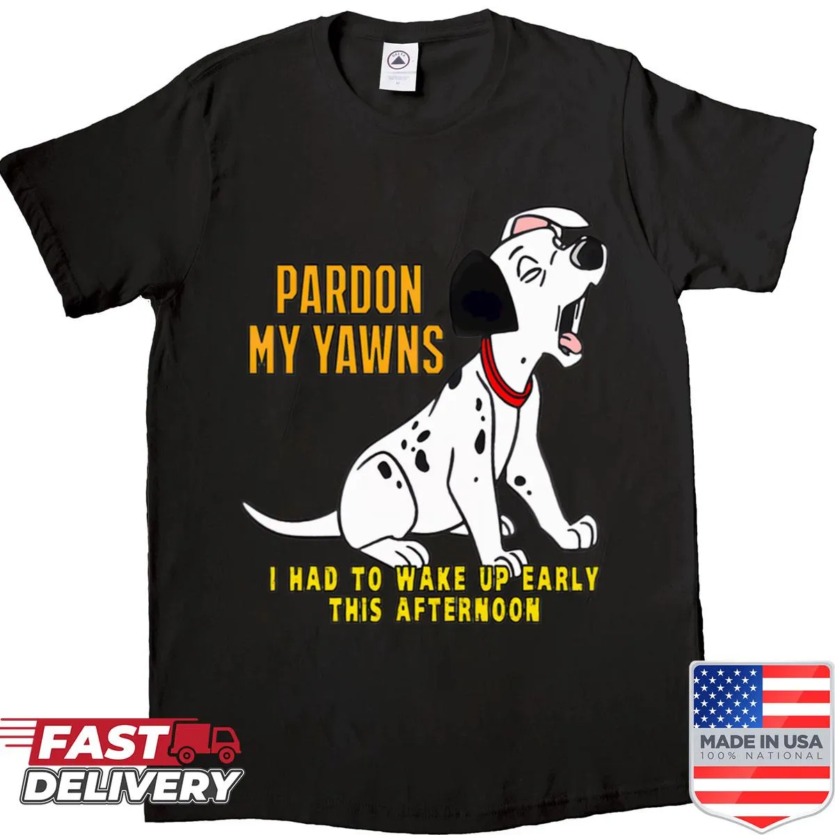 Heartwarming illustration of a yawning Dalmatian on a shirt
