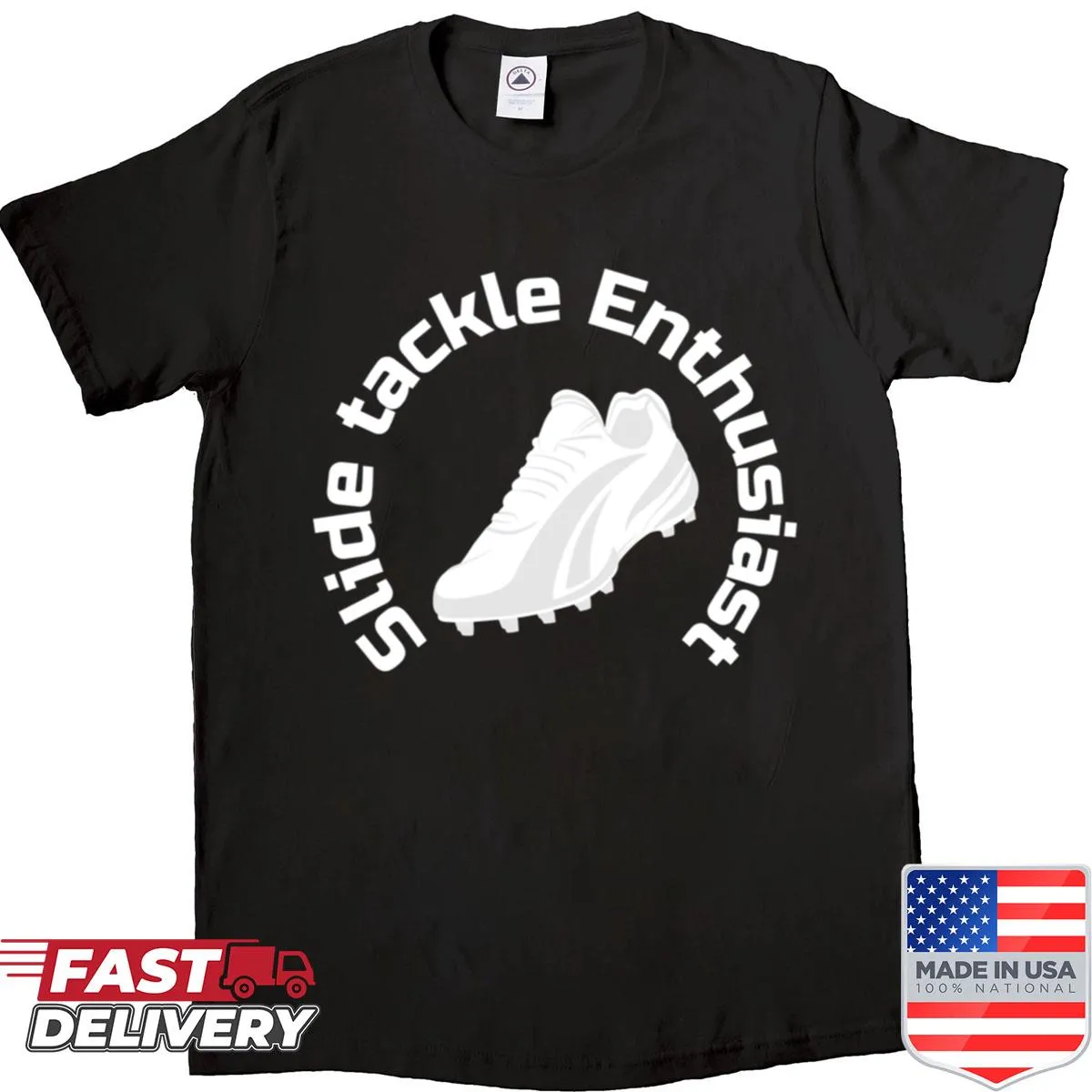 Oversized shirt with a funny cartoon about slide tackles in soccer