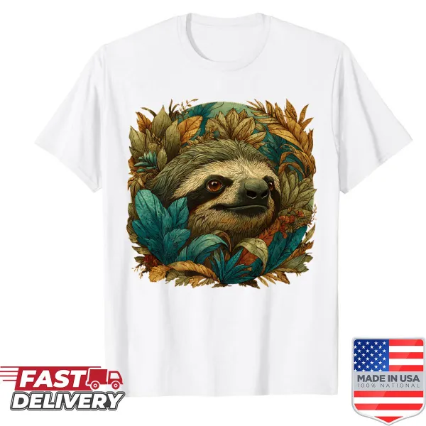 Funny sloth lounging graphic on a tropical shirt