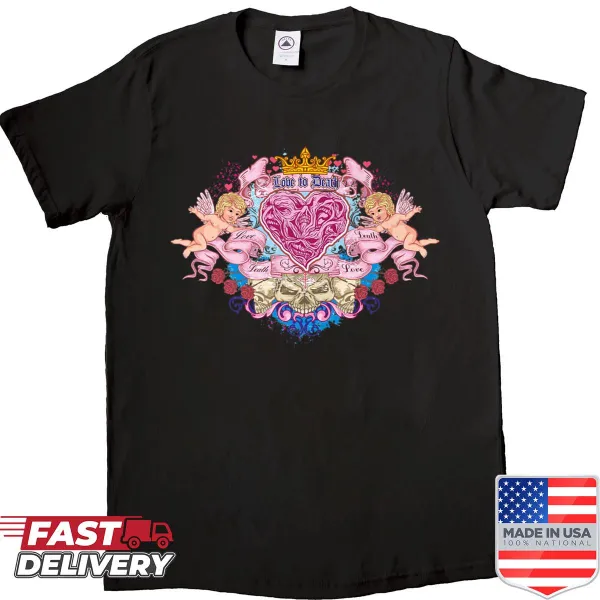 Illustration of an angel of death entwined with love and mortality on a T-shirt.