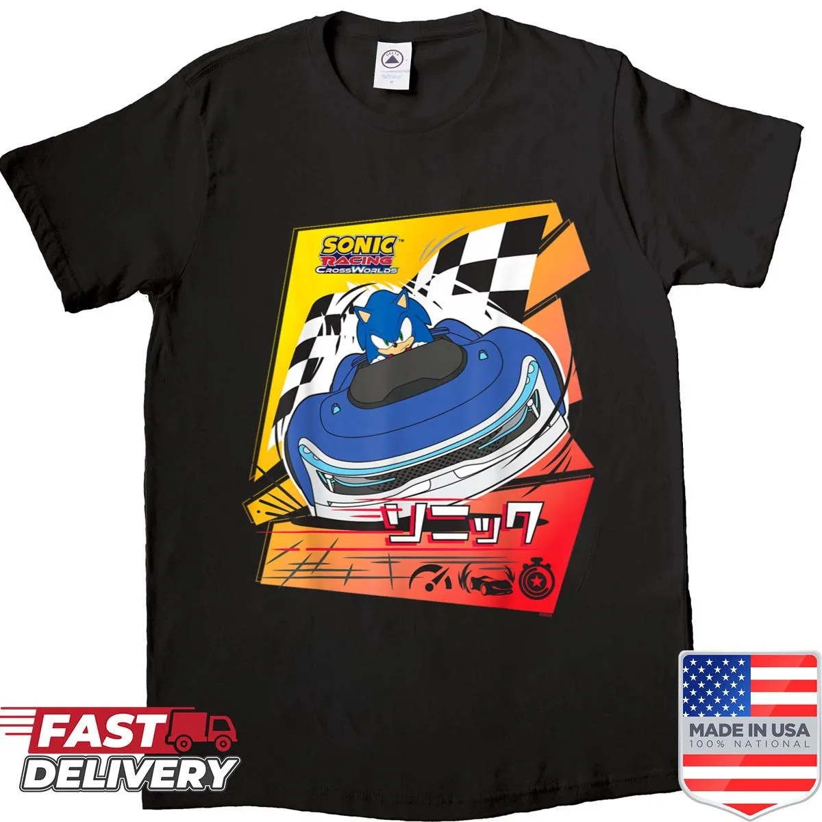 Cartoon Sonic graphic from racing game on a T-shirt