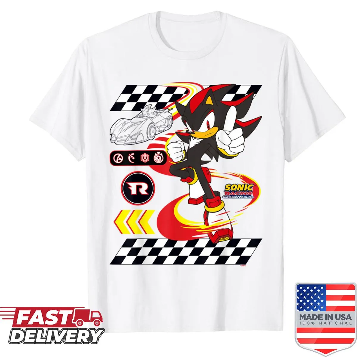 Illustrated gaming T-shirt featuring Sonic racing and exciting design
