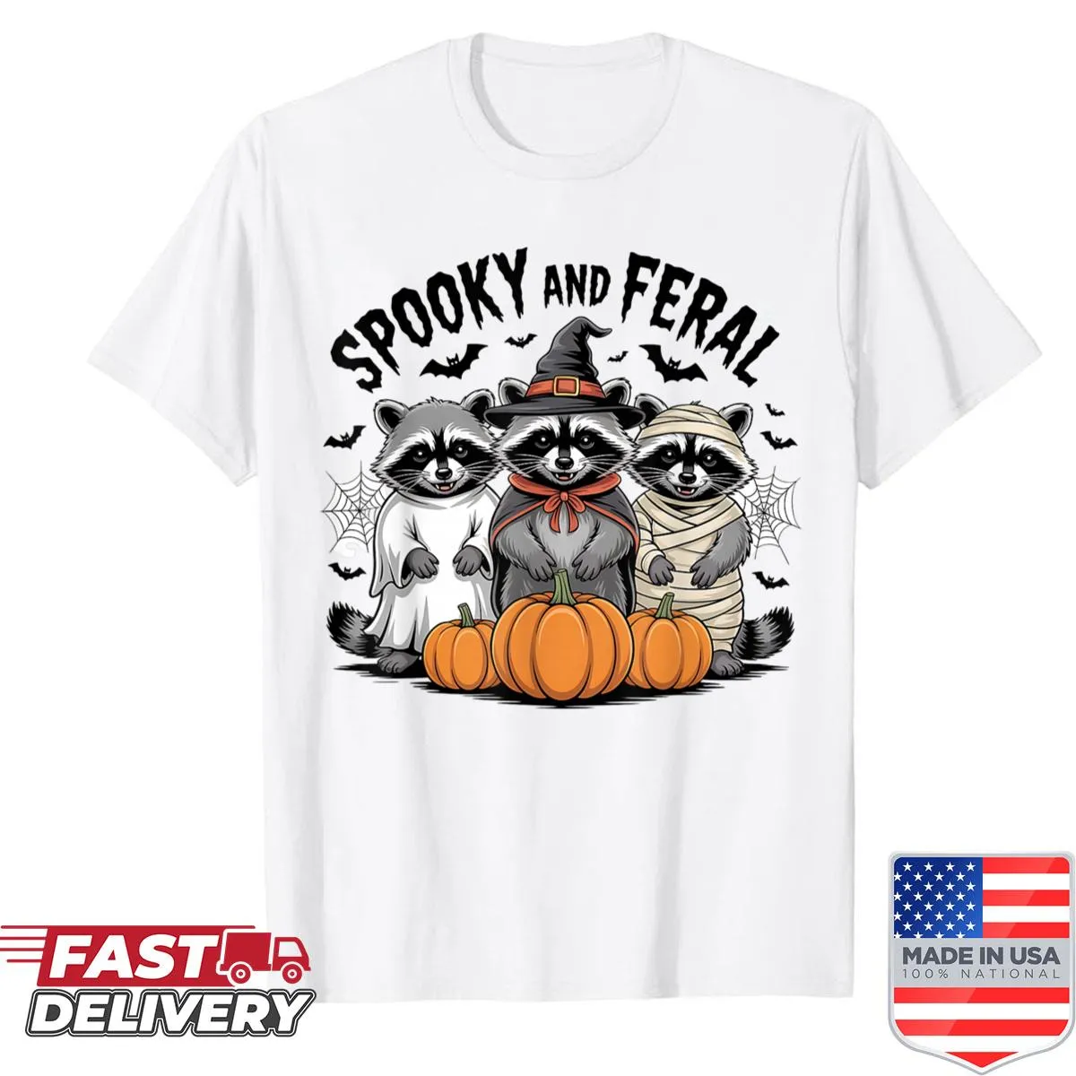 Halloween shirt with a spooky raccoon, witch, and mummy graphic