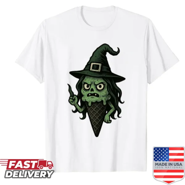 Cute Halloween T-shirt with a witch and ice cream illustration