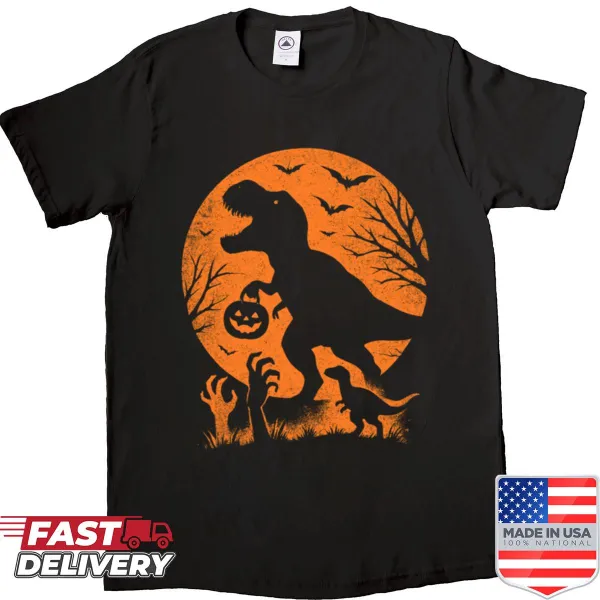 Edgy Halloween shirt featuring a spooky T-Rex and bats