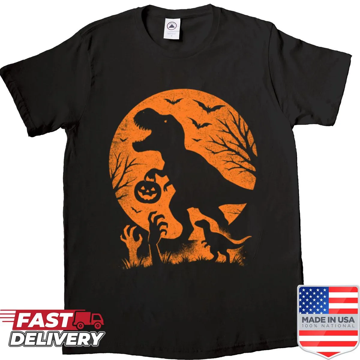 Edgy Halloween shirt featuring a spooky T-Rex and bats