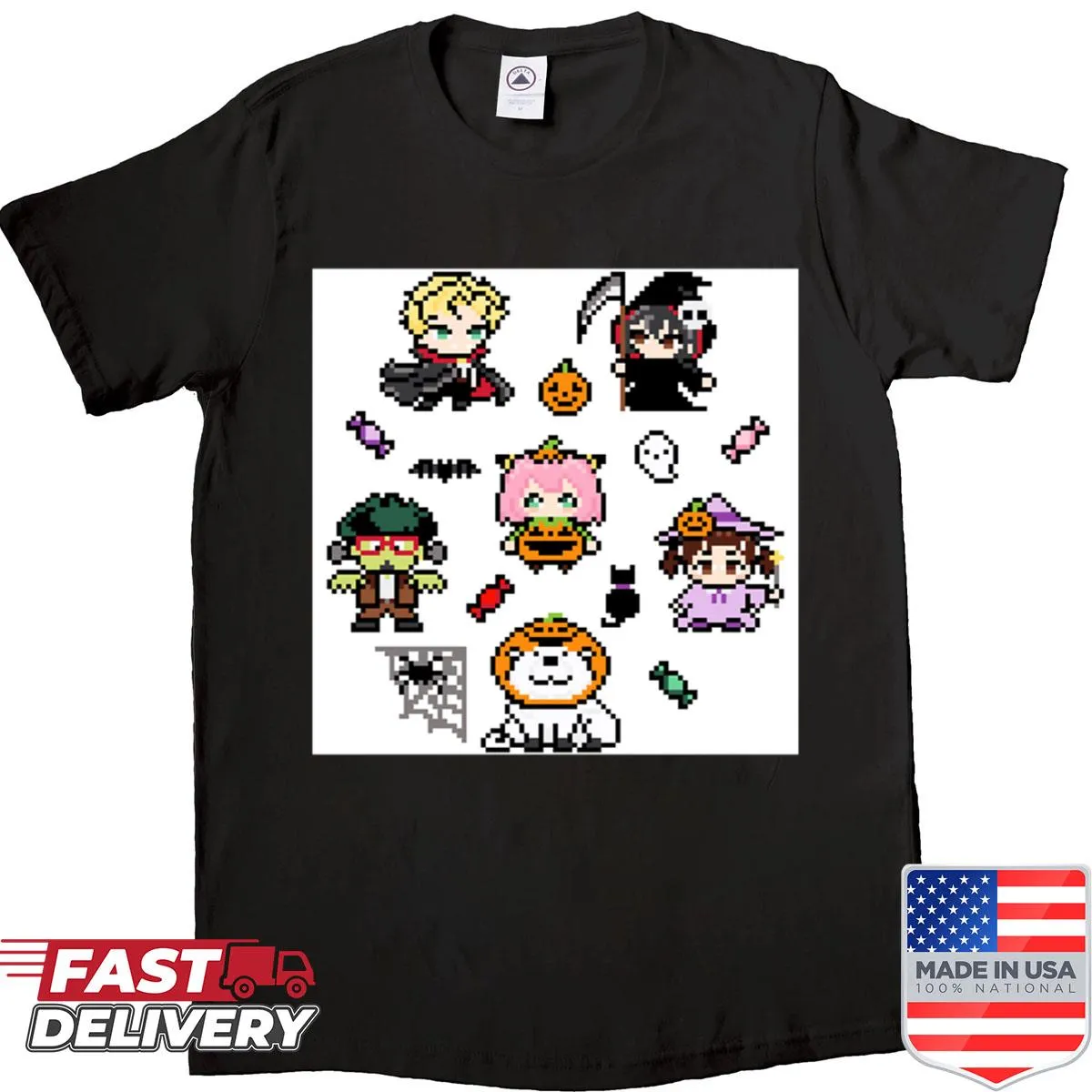 Cartoon spy-themed Halloween shirt with playful agents and gadgets