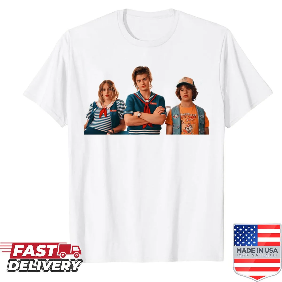 Illustration of Dustin, Steve, and Robin from Stranger Things on a T-shirt.