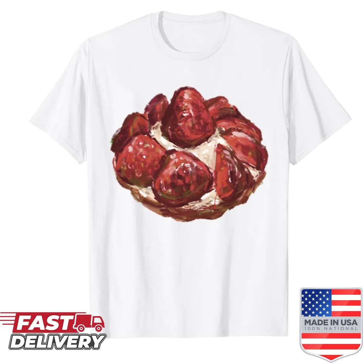 Shirt featuring a playful graphic of a strawberry tart