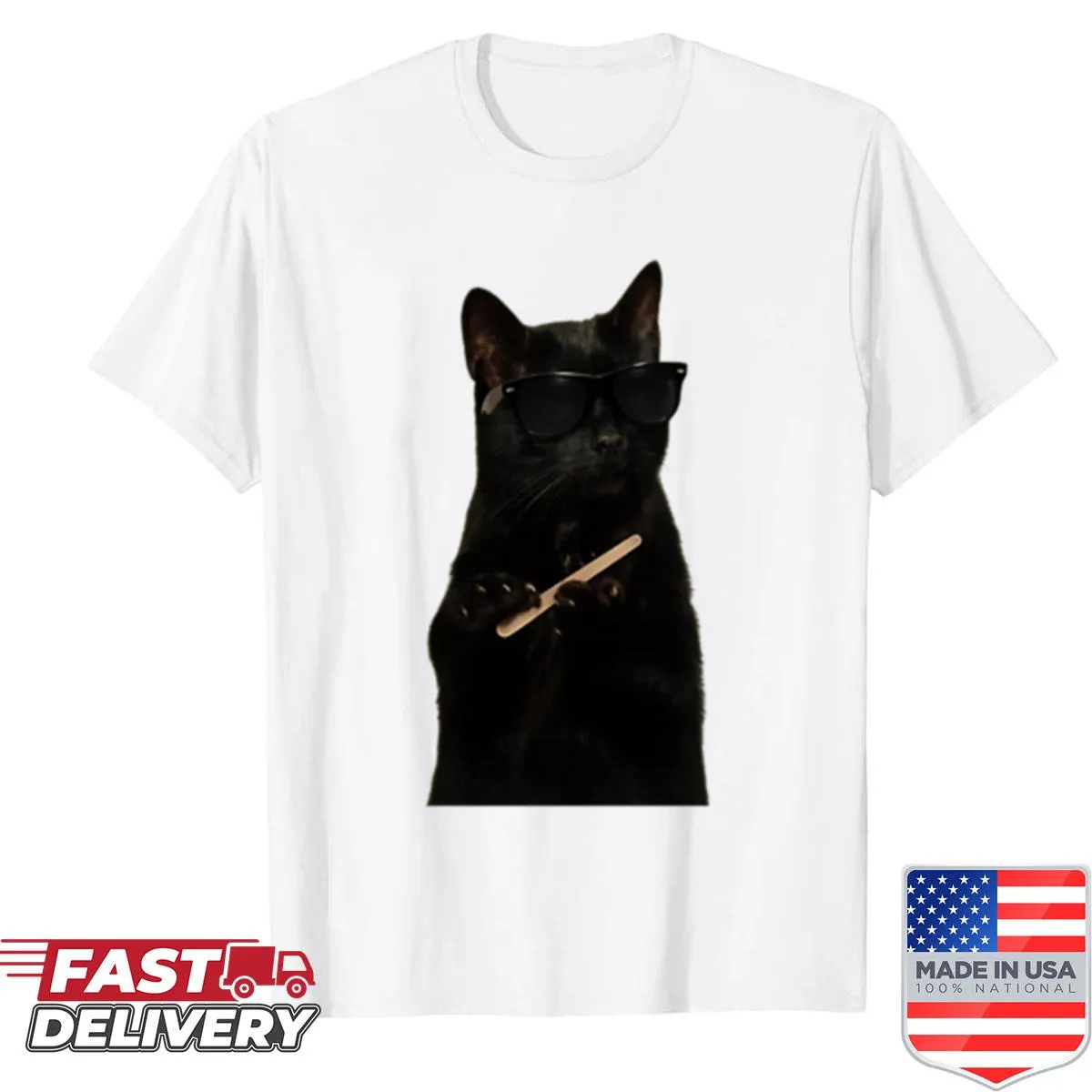 Cartoon black cat with sunglasses on a casual T-shirt.