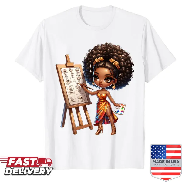 Illustration of a stylish brown girl with afro on a t-shirt