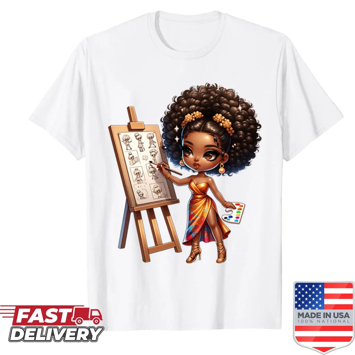 Illustration of a stylish brown girl with afro on a t-shirt