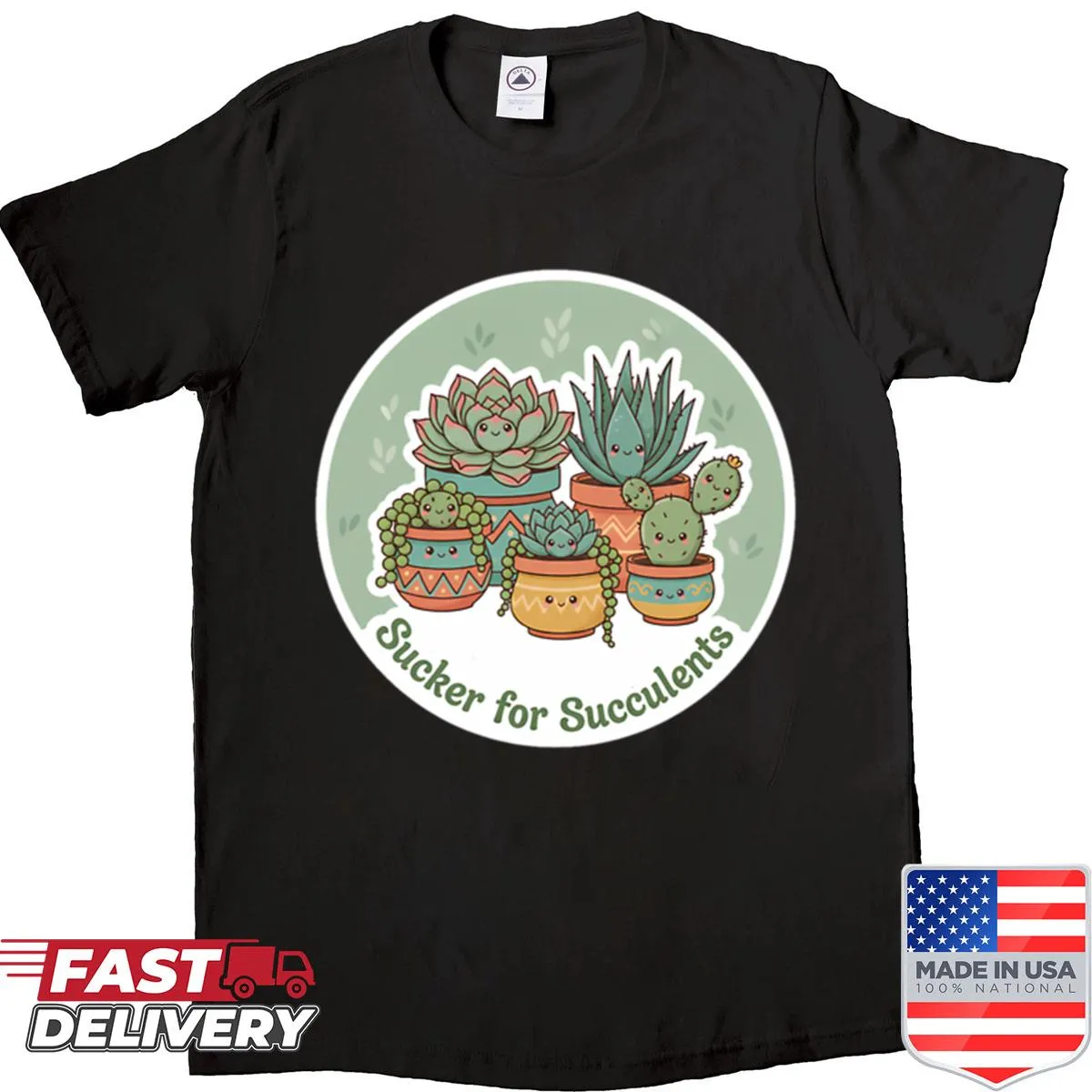 Cute illustration of various succulents on houseplant-themed shirt