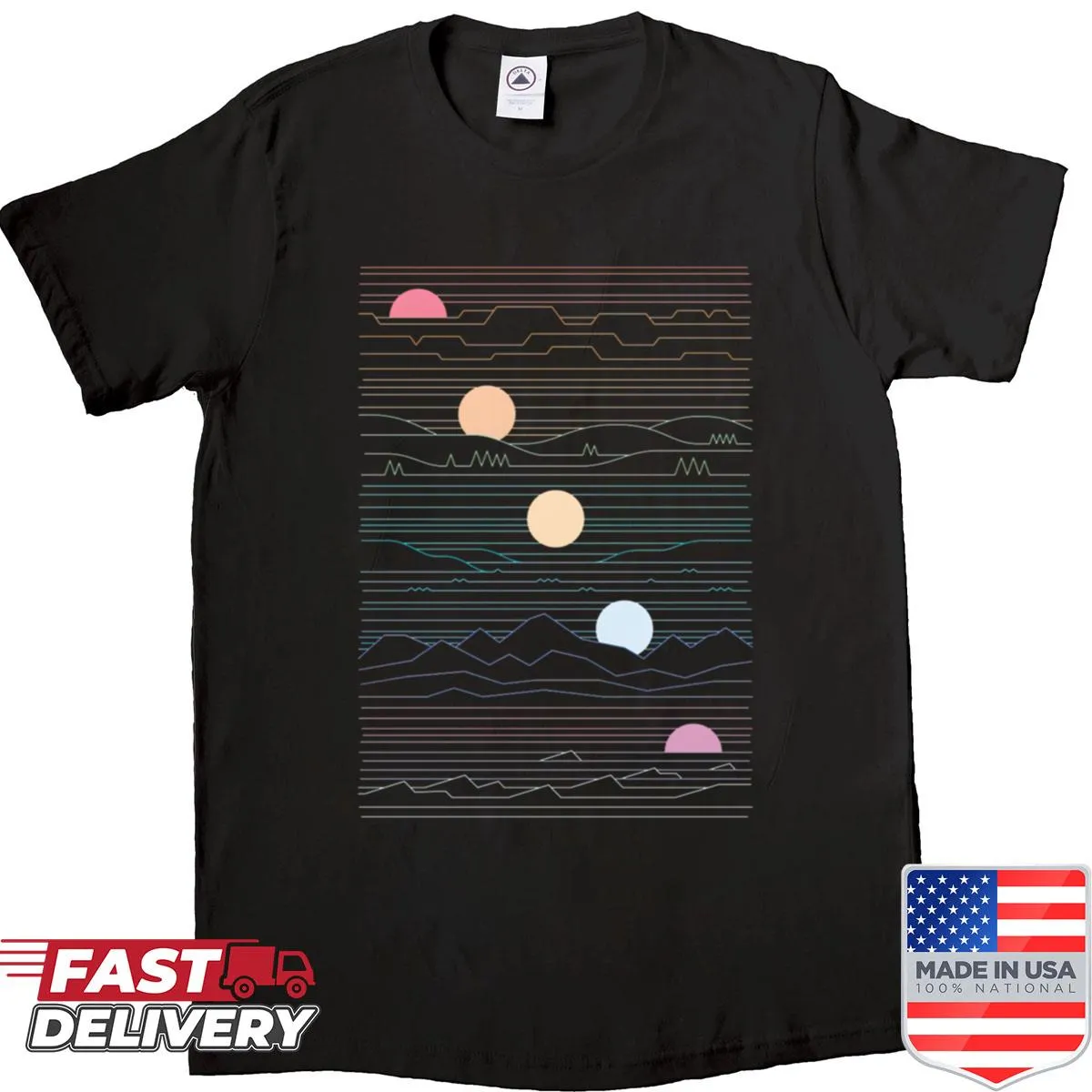 Shirt featuring a beautiful sunset horizon landscape illustration