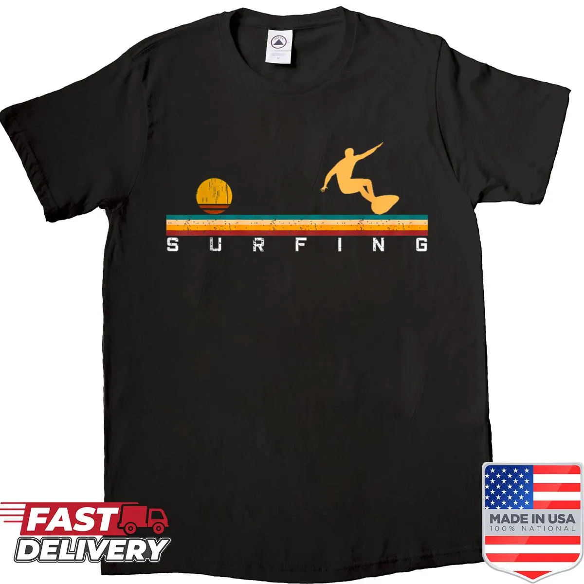 Vintage surf-themed t-shirt featuring a sunset beach design.
