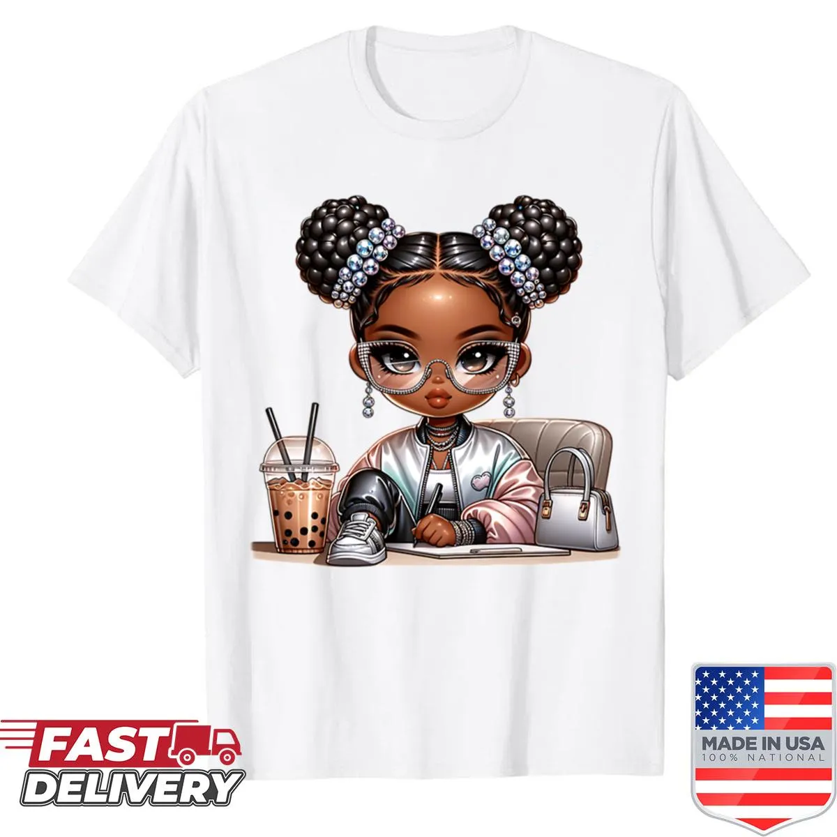Cute cartoon character of a brown-skinned girl with sparkles