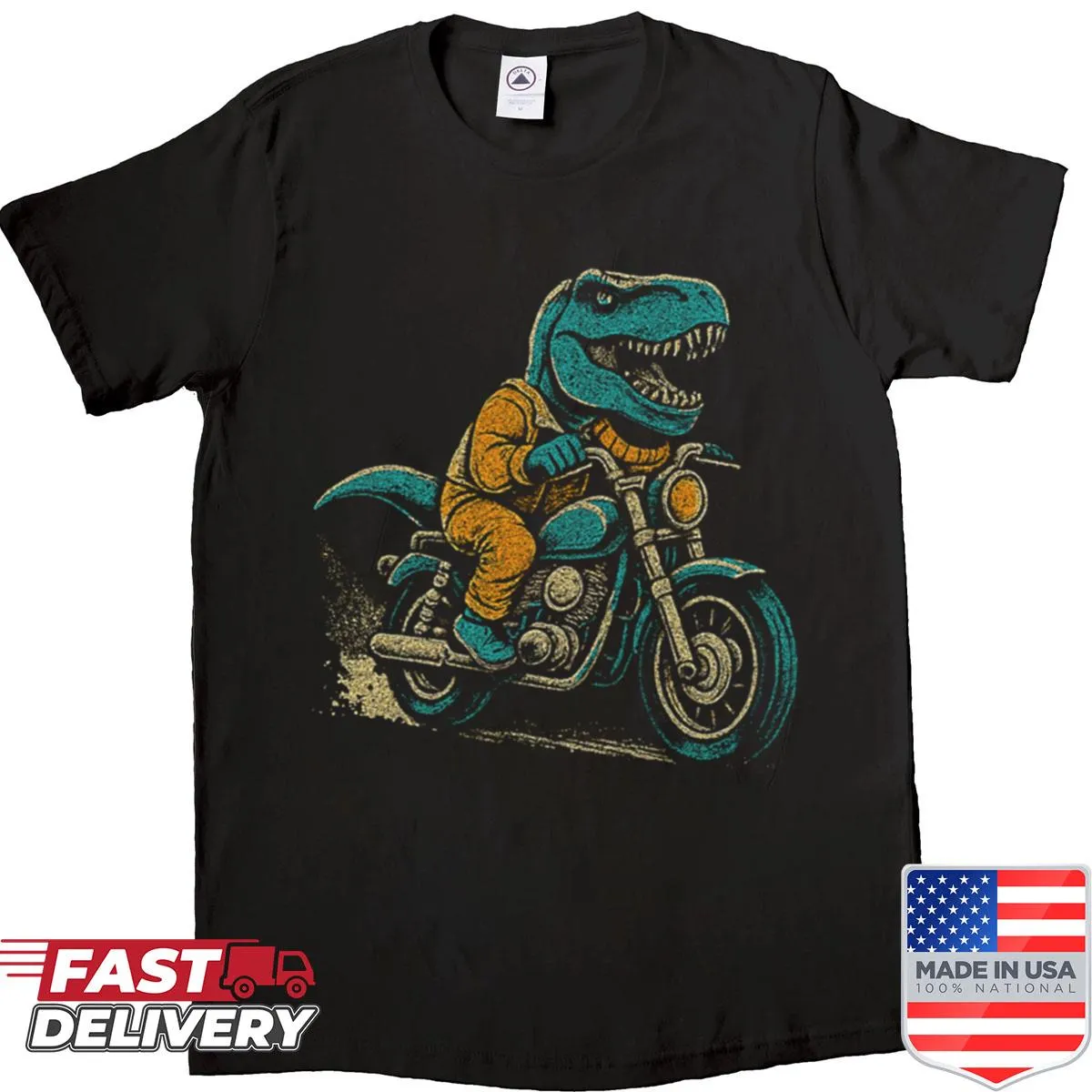 Cartoon T-rex riding a motorcycle graphic on a T-shirt