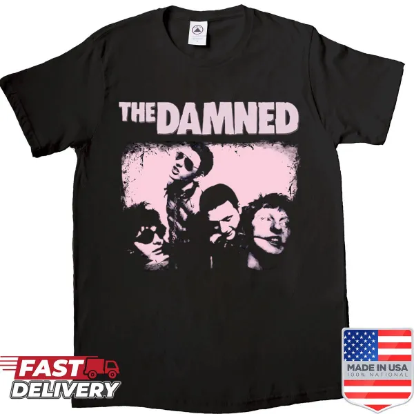 Artistic design featuring The Damned band on a t-shirt