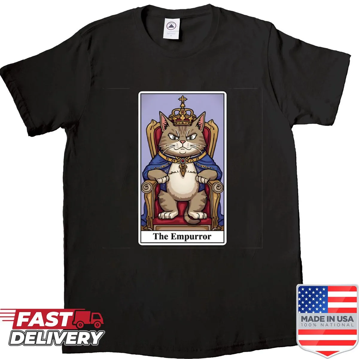 Illustration of the Empurror cat in a tarot card style on a shirt