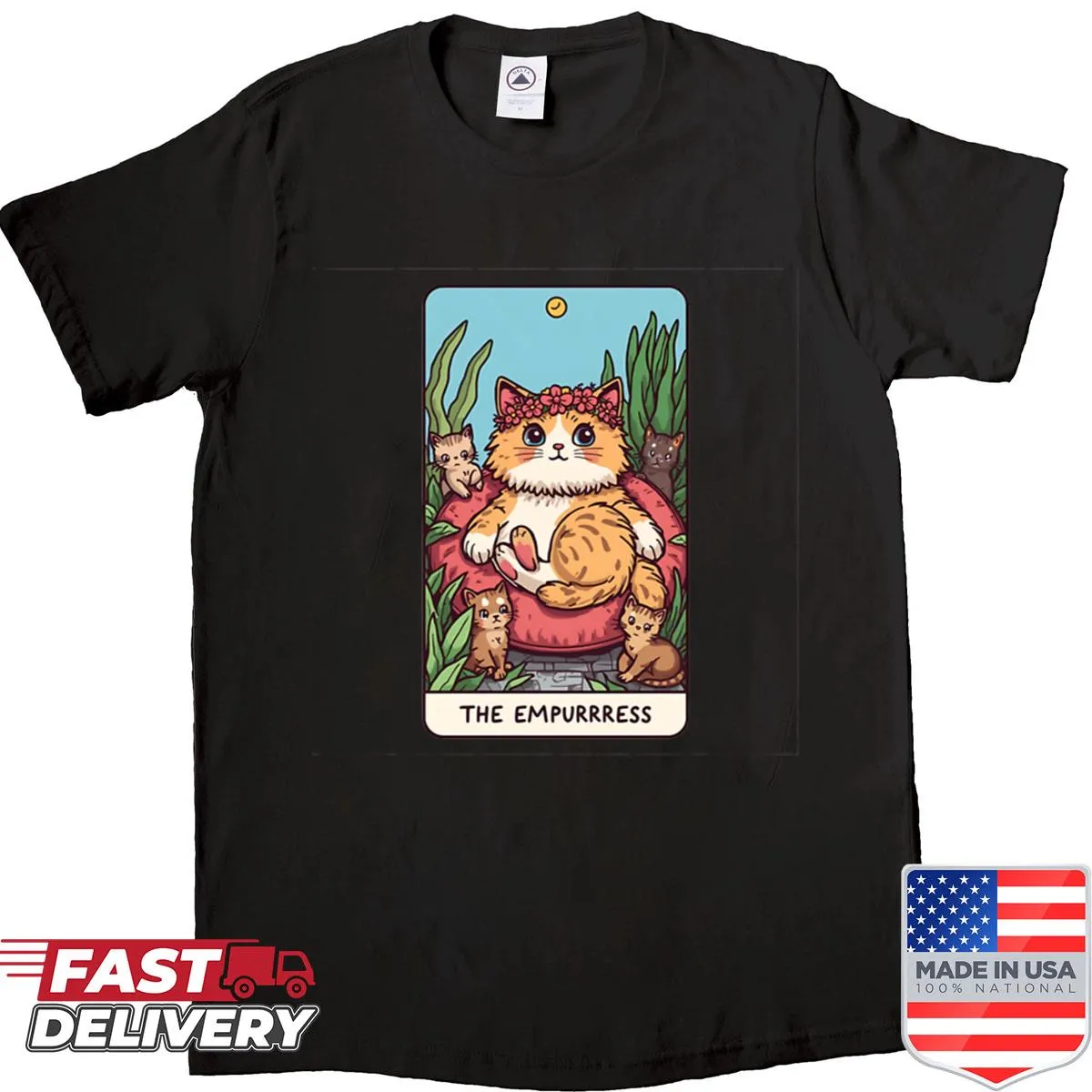 Oversized shirt featuring The Empurrress cat tarot card illustration