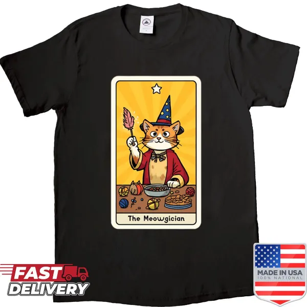 Shirt featuring 'The Meowgician' cat as a magician in tarot card style