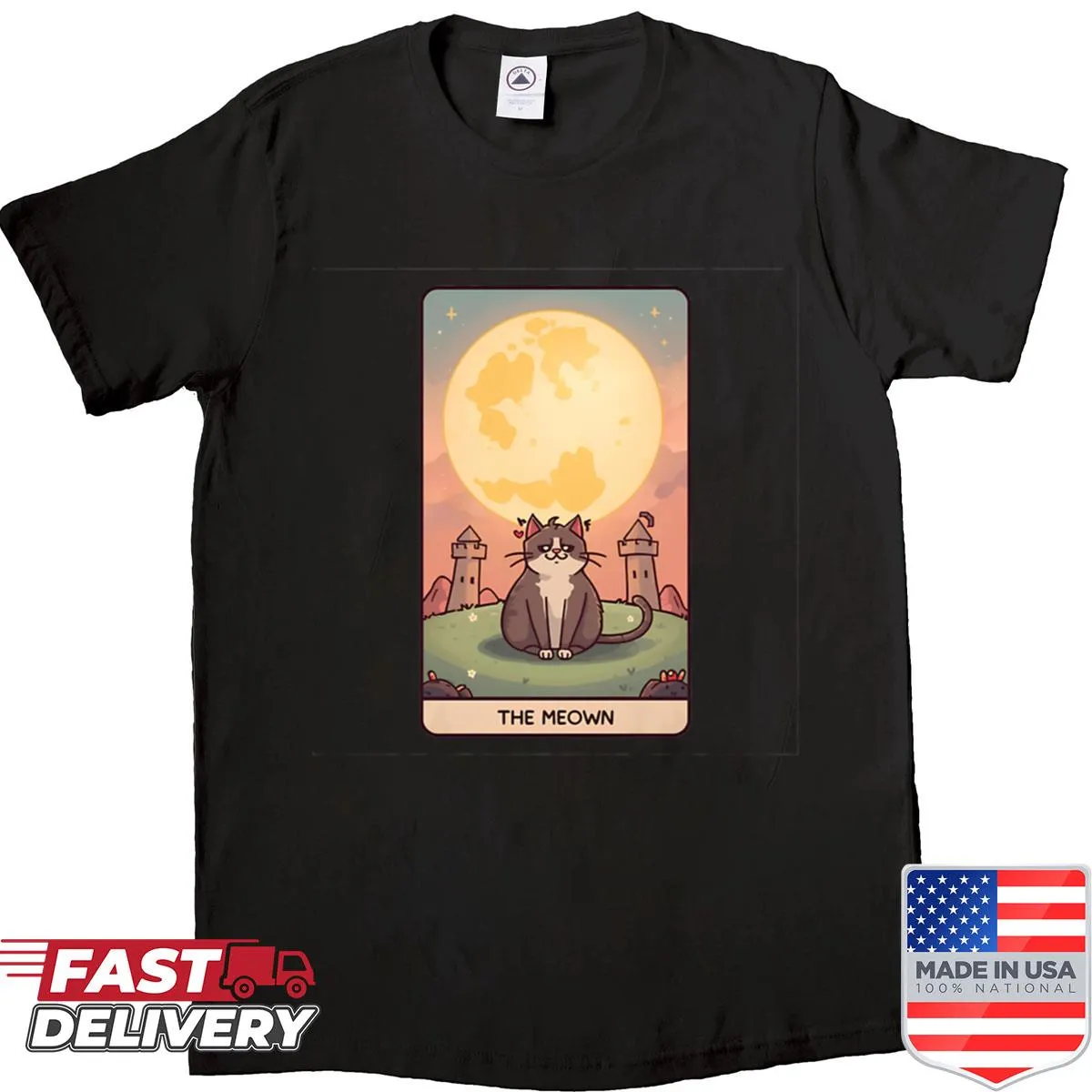 Cat tarot card shirt featuring a cat design with moon imagery