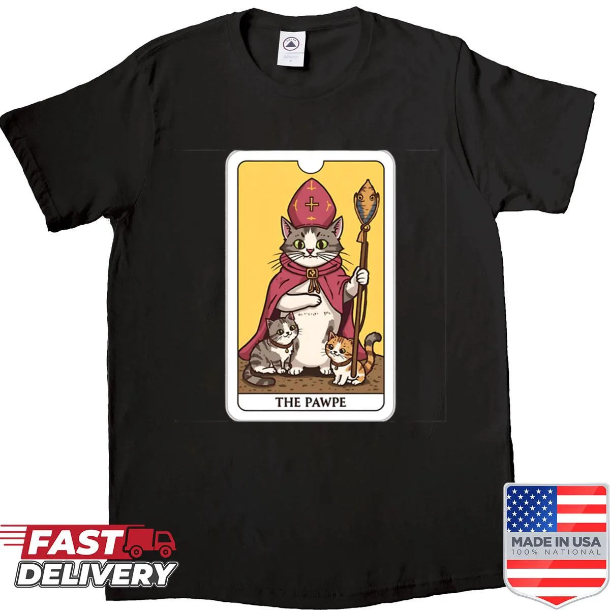 Oversized shirt featuring The Pawpe Hierophant cat tarot card illustration