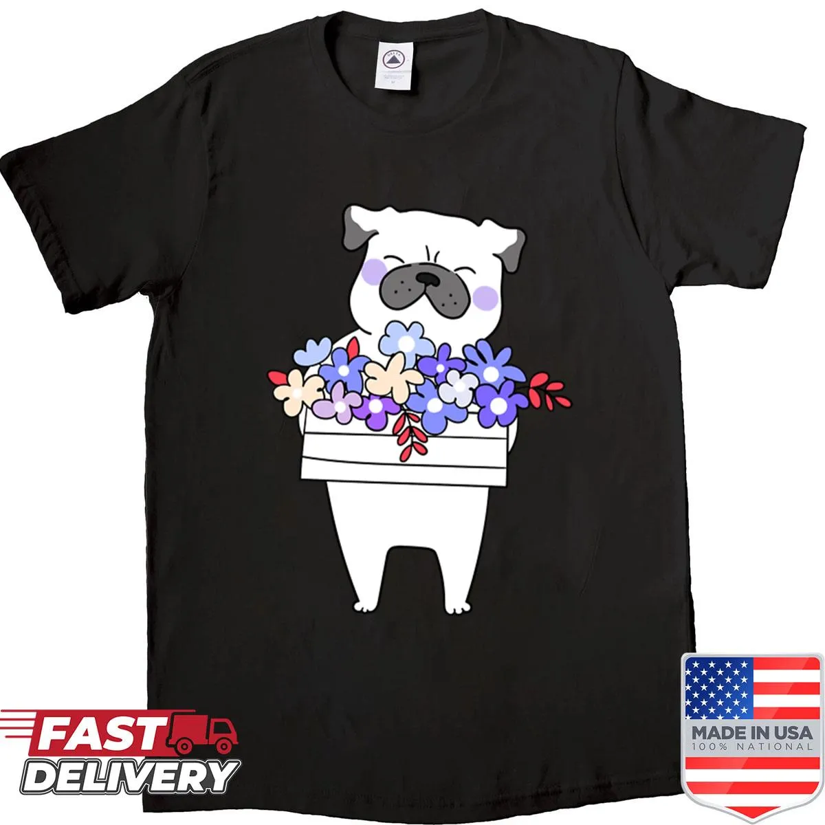 Cute dog illustration with flowers on a relaxed fit shirt