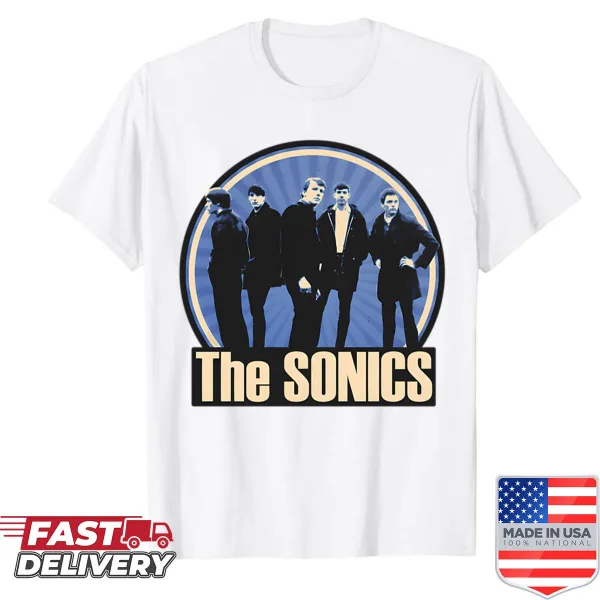 Illustrated garage rock shirt featuring The Sonicss logo in bold design