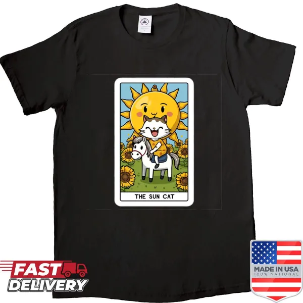 Illustrated tarot card featuring a sun cat on a shirt