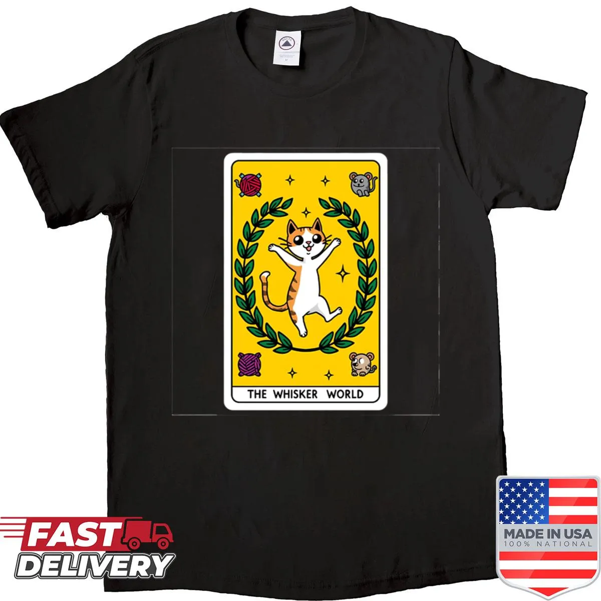 Cat-themed tarot card illustration on T-shirt