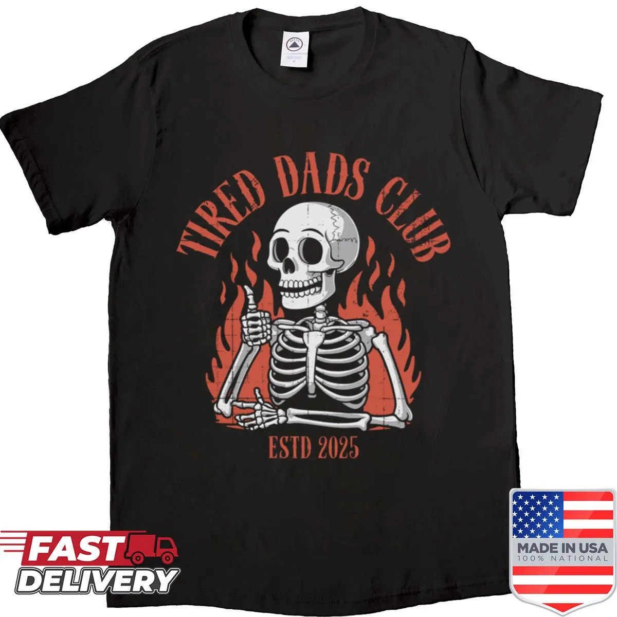 Vintage distressed shirt featuring a skeleton and 'Tired Dads Club' text