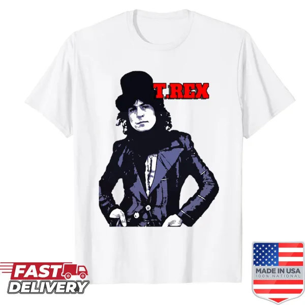 Illustration of Mark Bolan with a retro music theme on a shirt