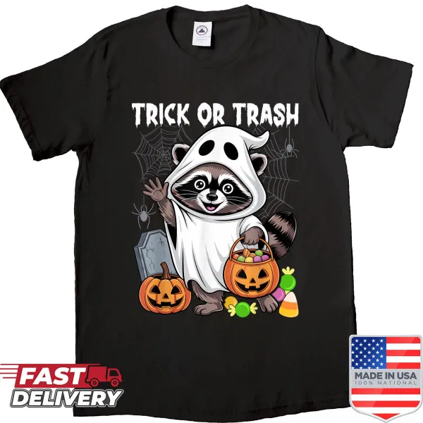 Funny Halloween shirt with raccoon dressed as a ghost and playful text