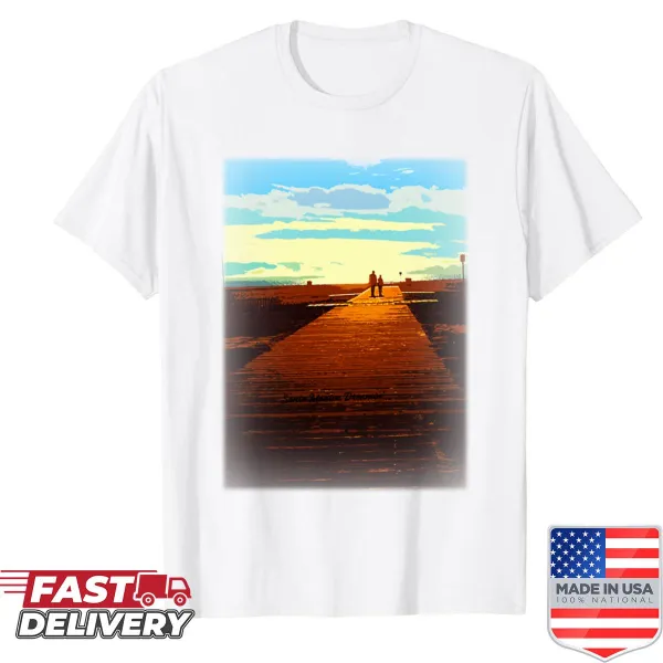 Illustrated shirt featuring two figures on a boardwalk