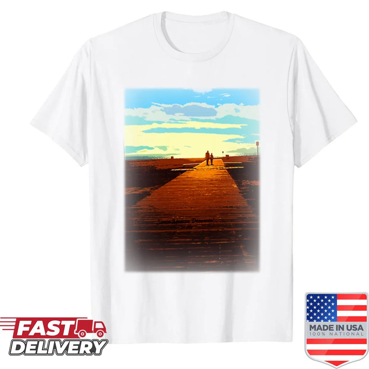 Illustrated shirt featuring two figures on a boardwalk