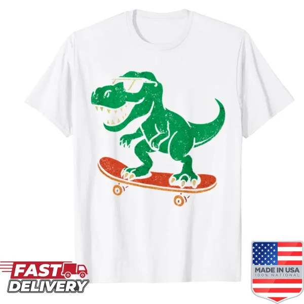 Cartoon T-Rex skateboarding with sunglasses on a shirt
