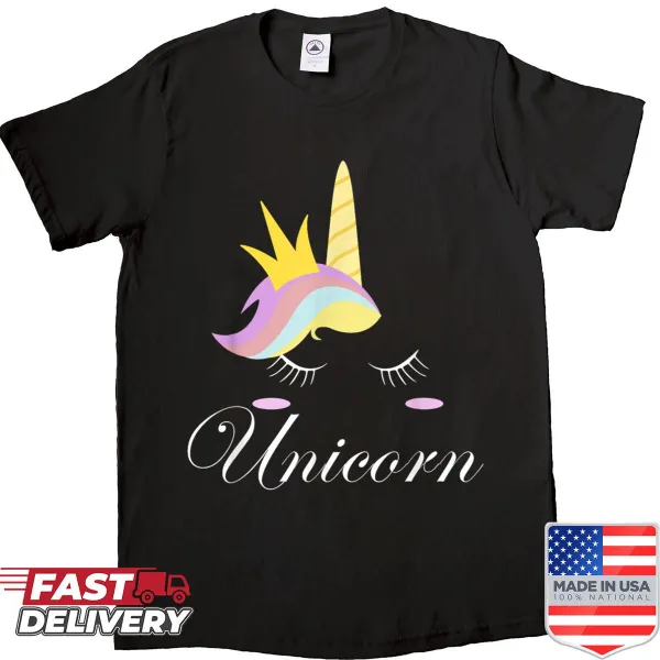 Cute unicorn face shirt with eyelashes and a crown design