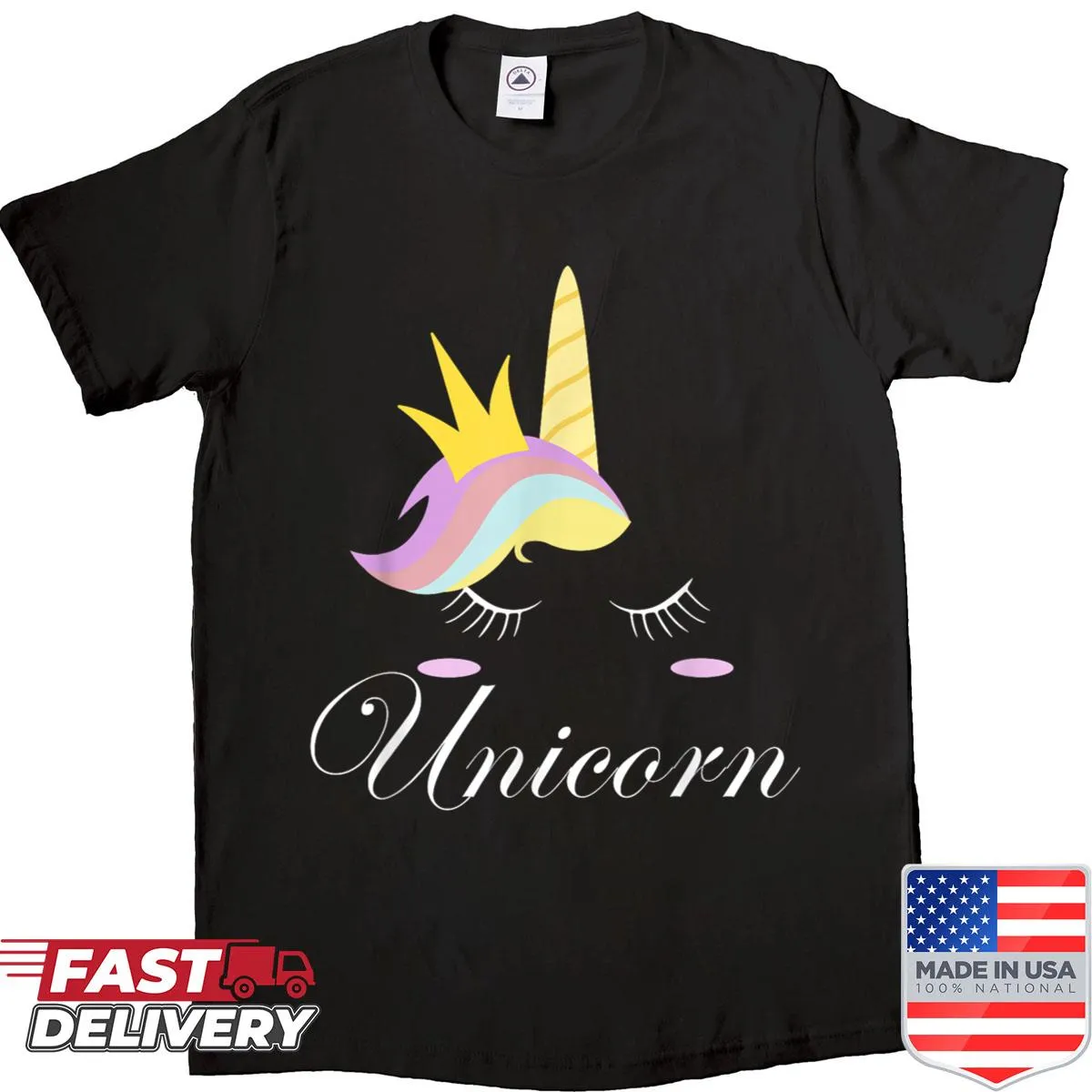 Cute unicorn face shirt with eyelashes and a crown design