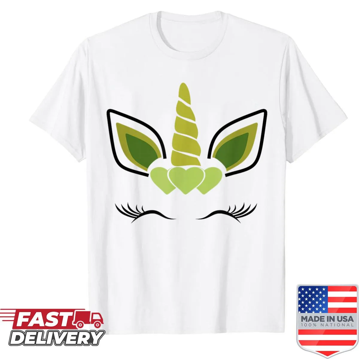Playful St. Patrick's Day shirt with unicorn face and hearts