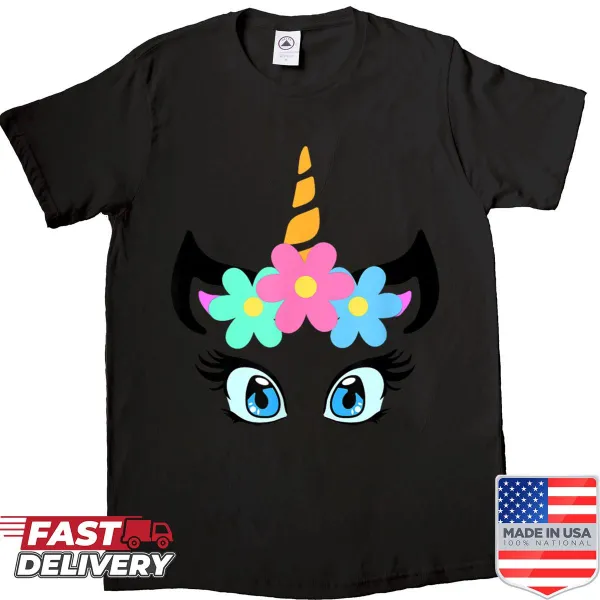Cute shirt for kids featuring a smiling unicorn face with flowers