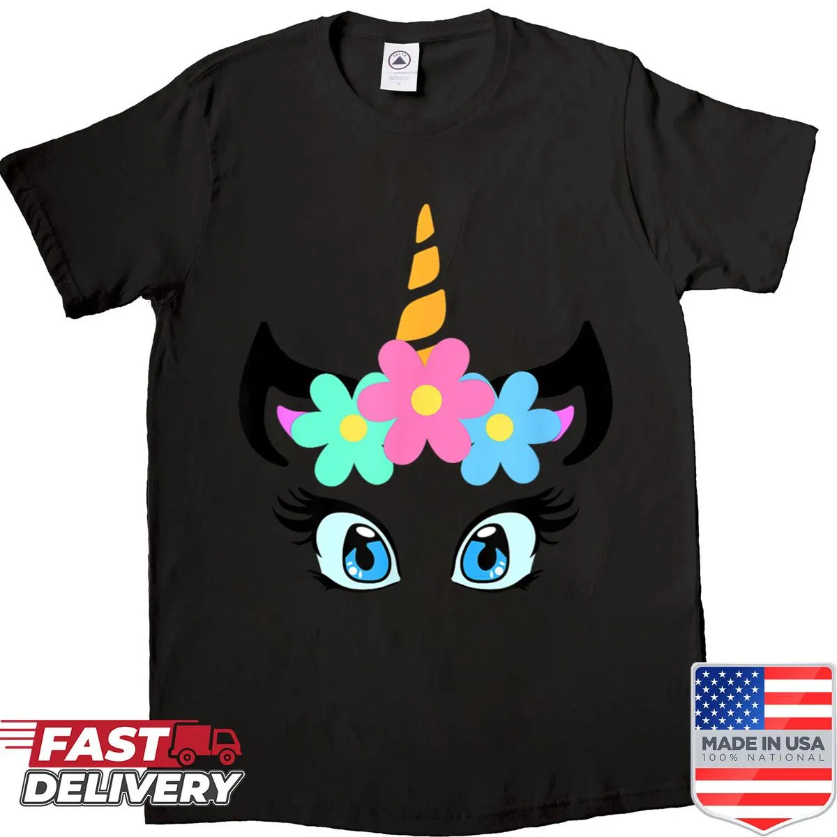 Cute shirt for kids featuring a smiling unicorn face with flowers