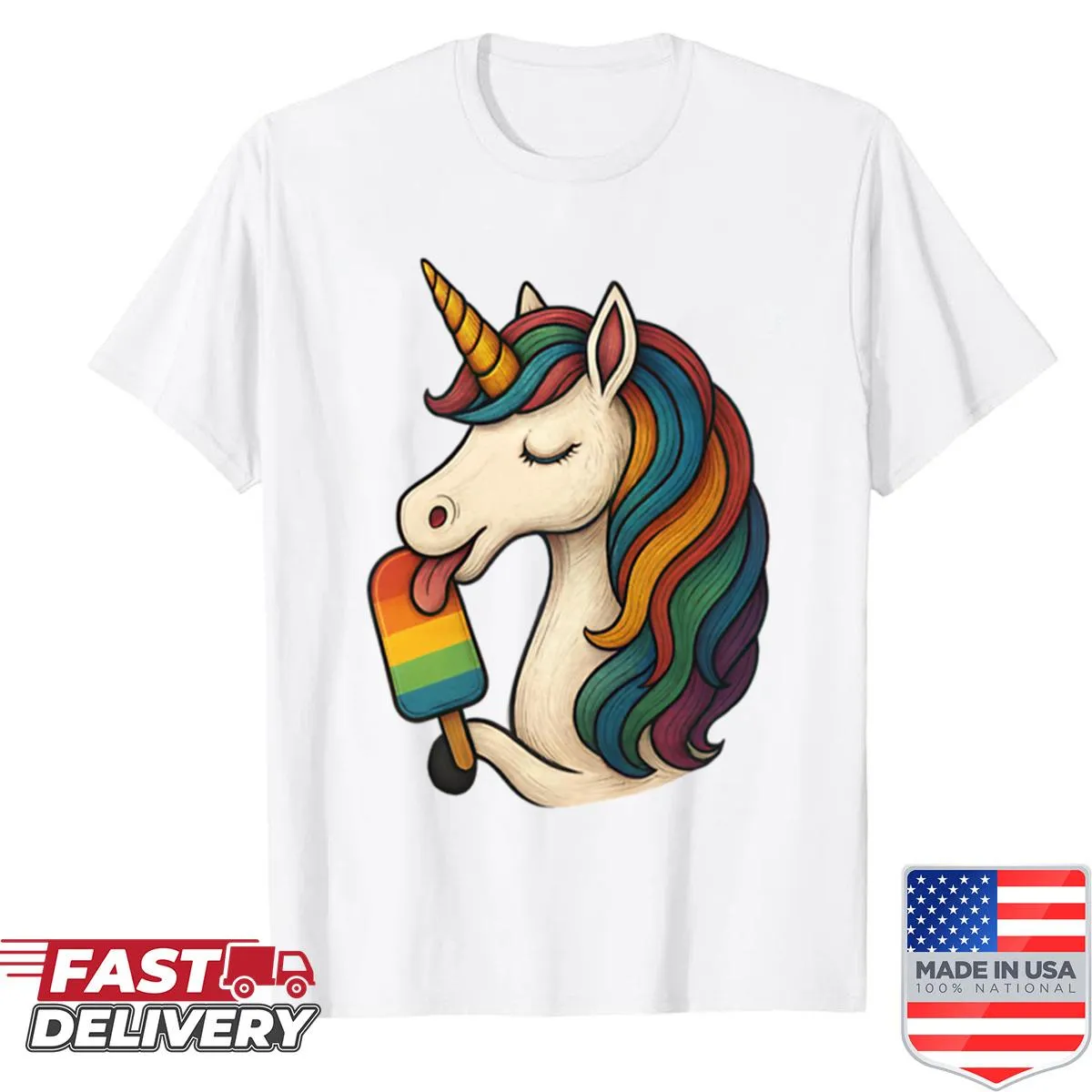 Cartoon unicorn licking a popsicle on a t-shirt