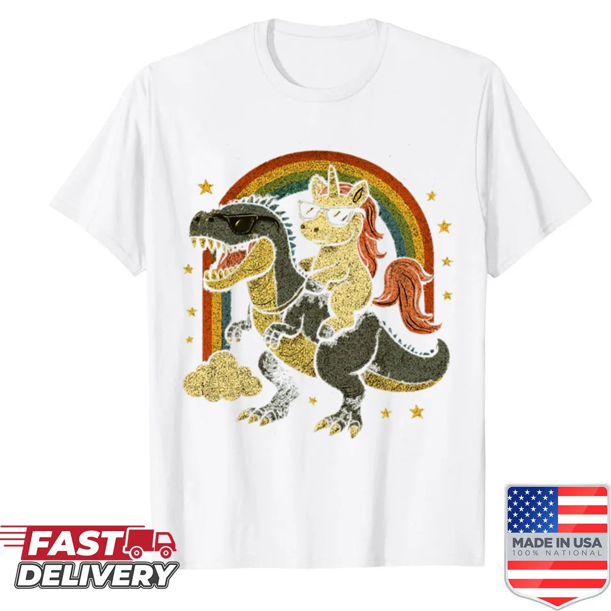 Funny unicorn riding a dinosaur with rainbow stars graphic shirt.