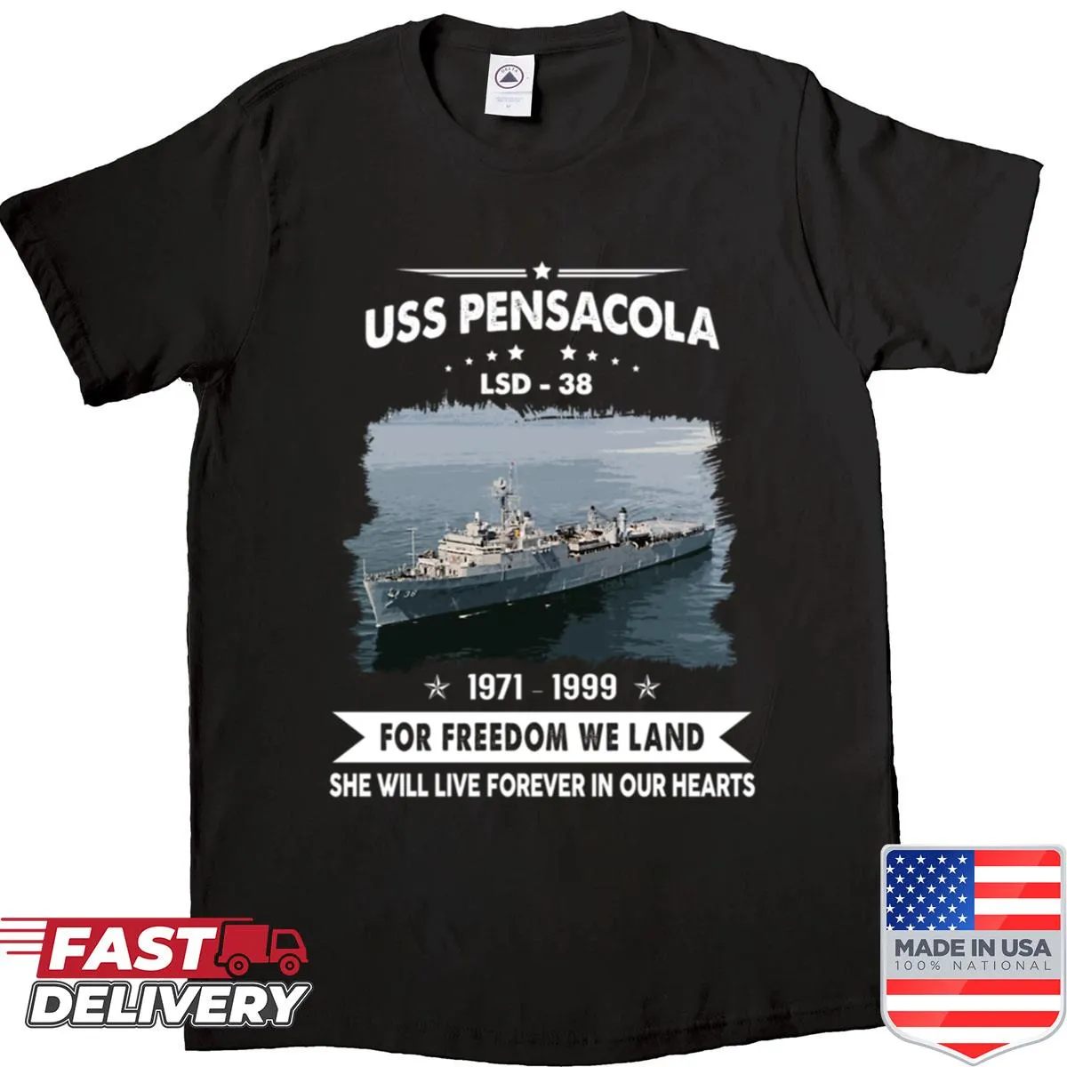 USS Pensacola Navy Veteran shirt with bold typography.